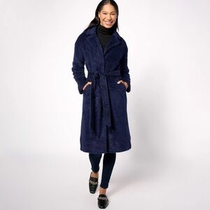 NWT Isaac Mizrahi Live! Cozy Wrap Long Coat Notched Collar and Pockets in Navy‌‌